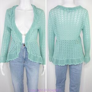 Pointelle green linen cotton blend cardigan sweater, size M‎